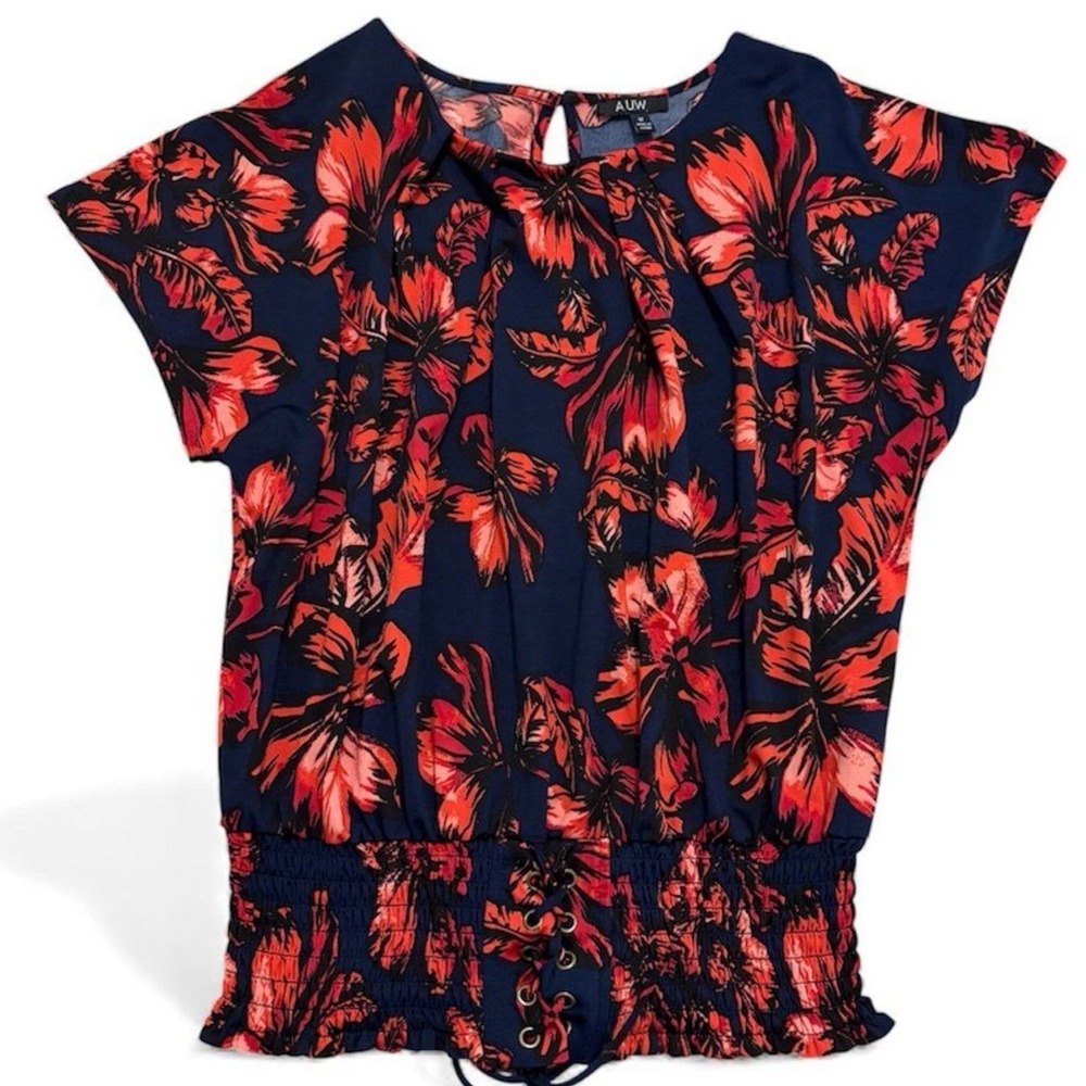 AUW Floral Blouse Womens Medium Navy Blue Red Smocked Waist Lace Up Cap Sleeve